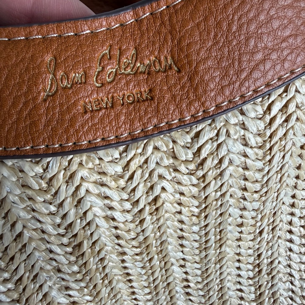Sam Edelman Straw Raffia Tote Bag Tan Faux Leather Trim Tassel Shoulder Bag - Picture 6 of 11